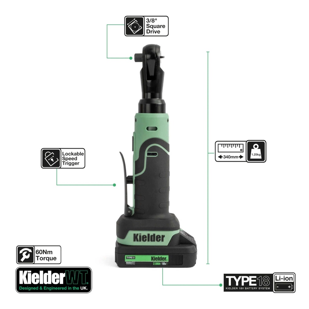Kielder TYPE18 Mid-Torque Impact Wrench, Compact Ratchet & Batteries