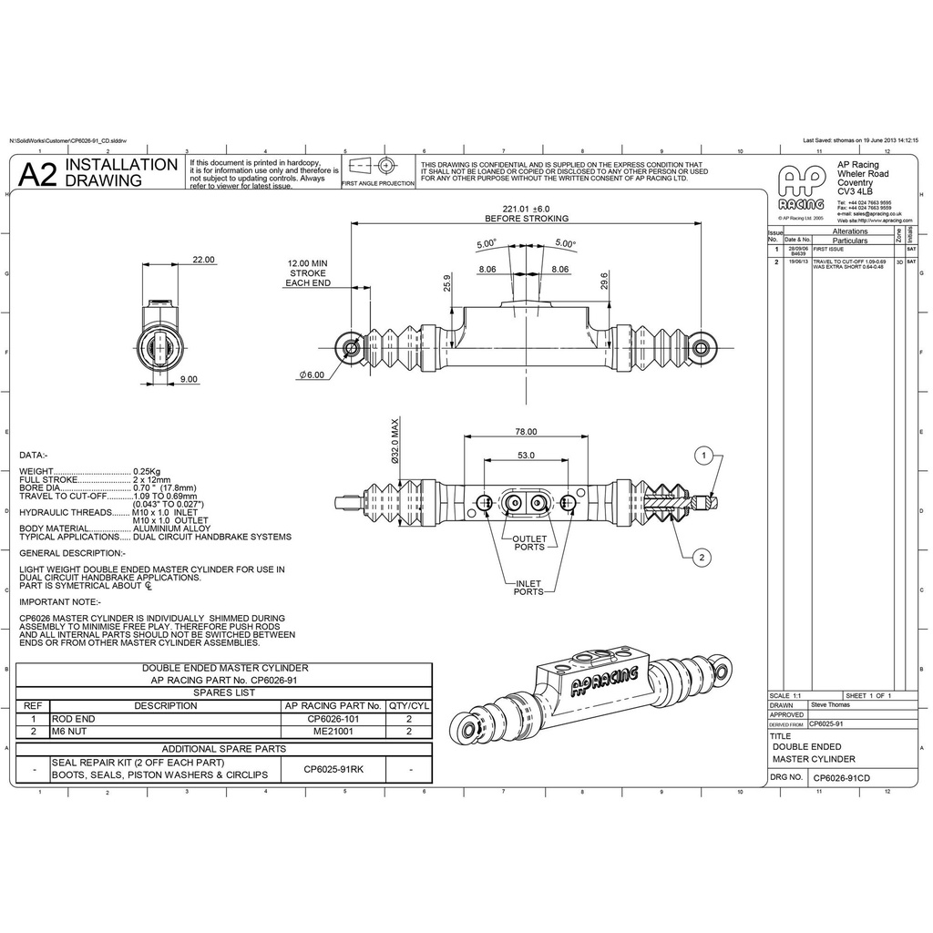 AP Racing Double Ended Hand Brake Master Cylinder