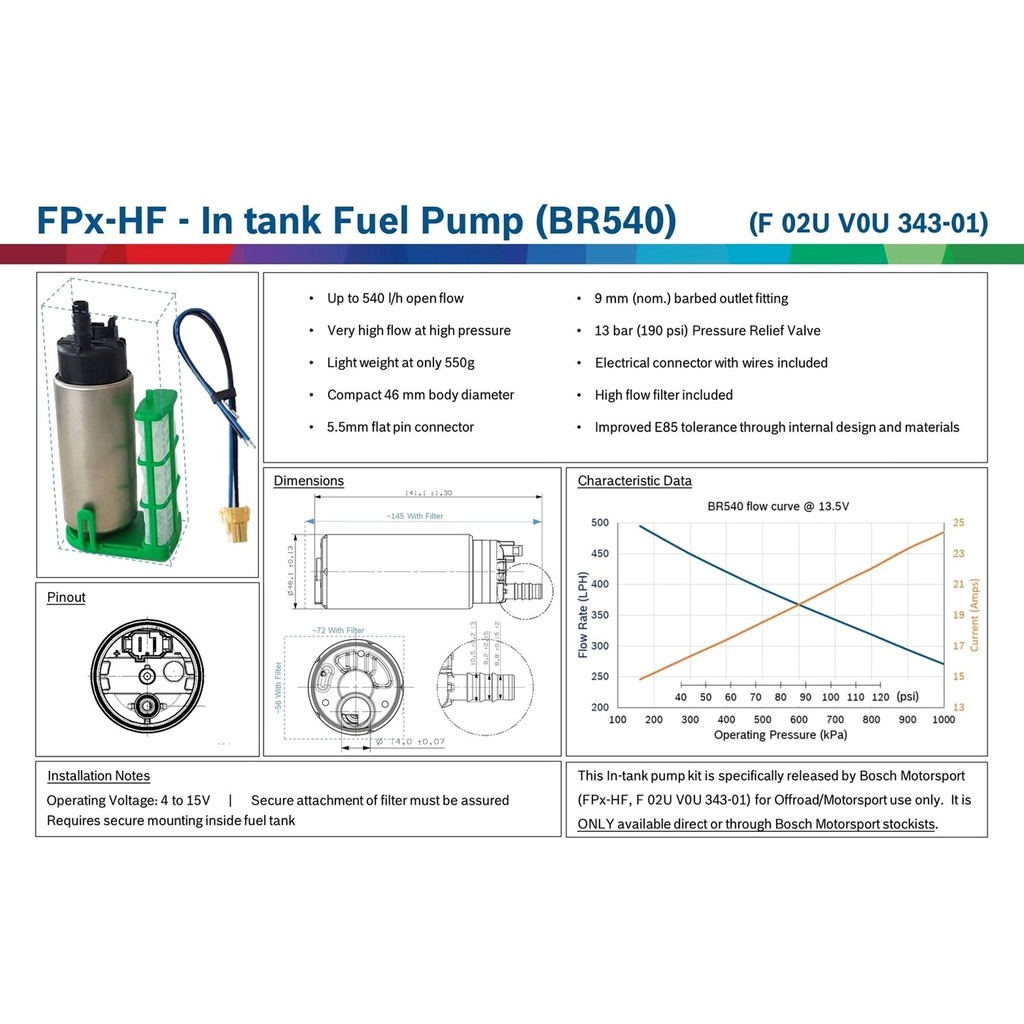 Bosch BR540 High Pressure In-Tank Fuel Pump - 540lph Flow