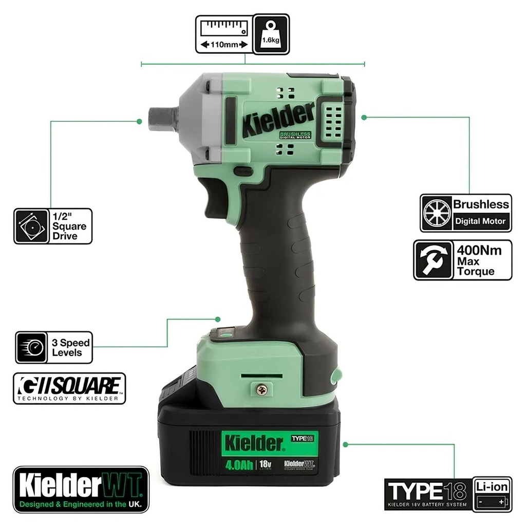 Kielder 18V 1/2" Sq Drive 400Nm Ultra Compact Impact Wrench