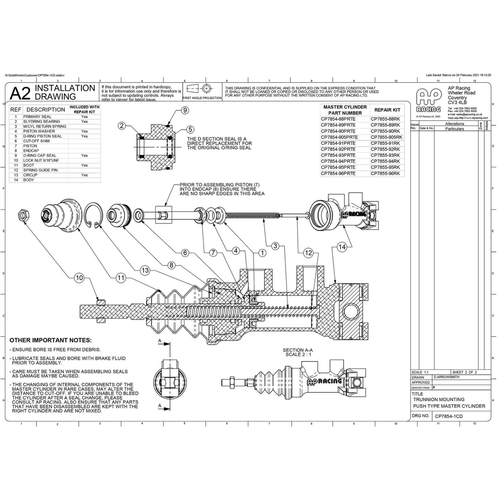 AP Racing CP7854 Trunnion Mount Push Type Master Cylinder