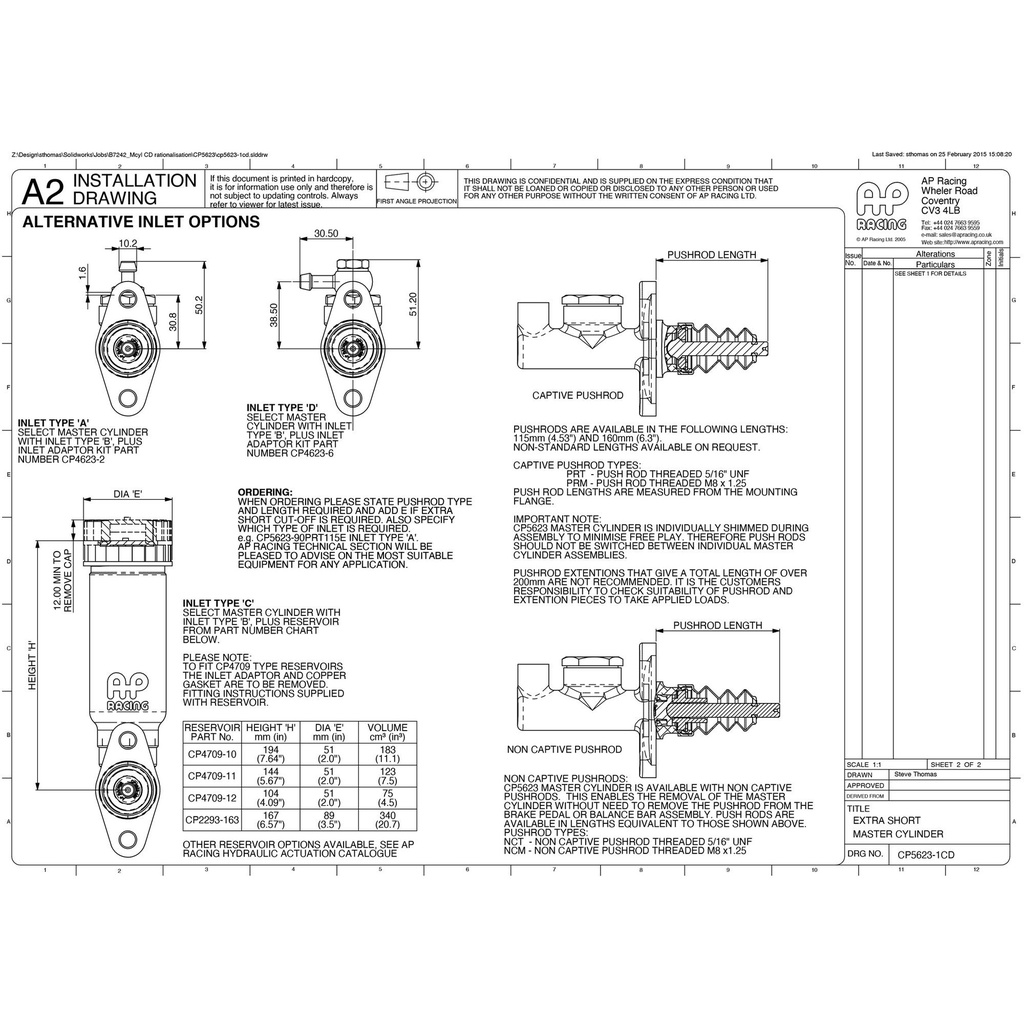 AP Racing CP5623 Master Cylinder With Short Body