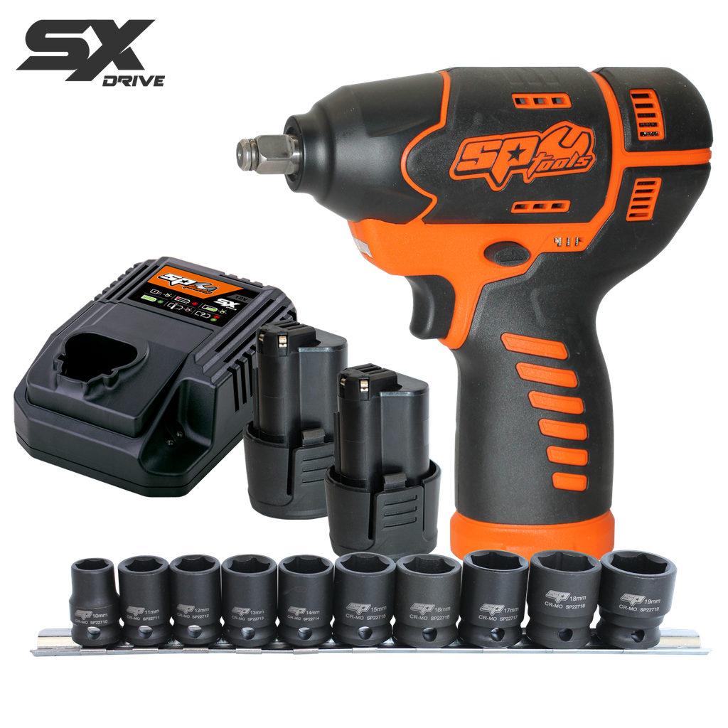 CORDLESS - 12V 3/8"DR IMPACT WRENCH KIT - 2.5AH X2 BATTERIES AND IMPACT SOCKET SET - SX DRIVE