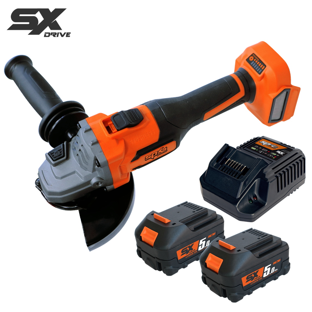 CORDLESS - 18V 5" BRUSHLESS ANGLE GRINDER - SLIDE SWITCH - 5.0AH X2 BATTERIES & CHARGER - SX DRIVE