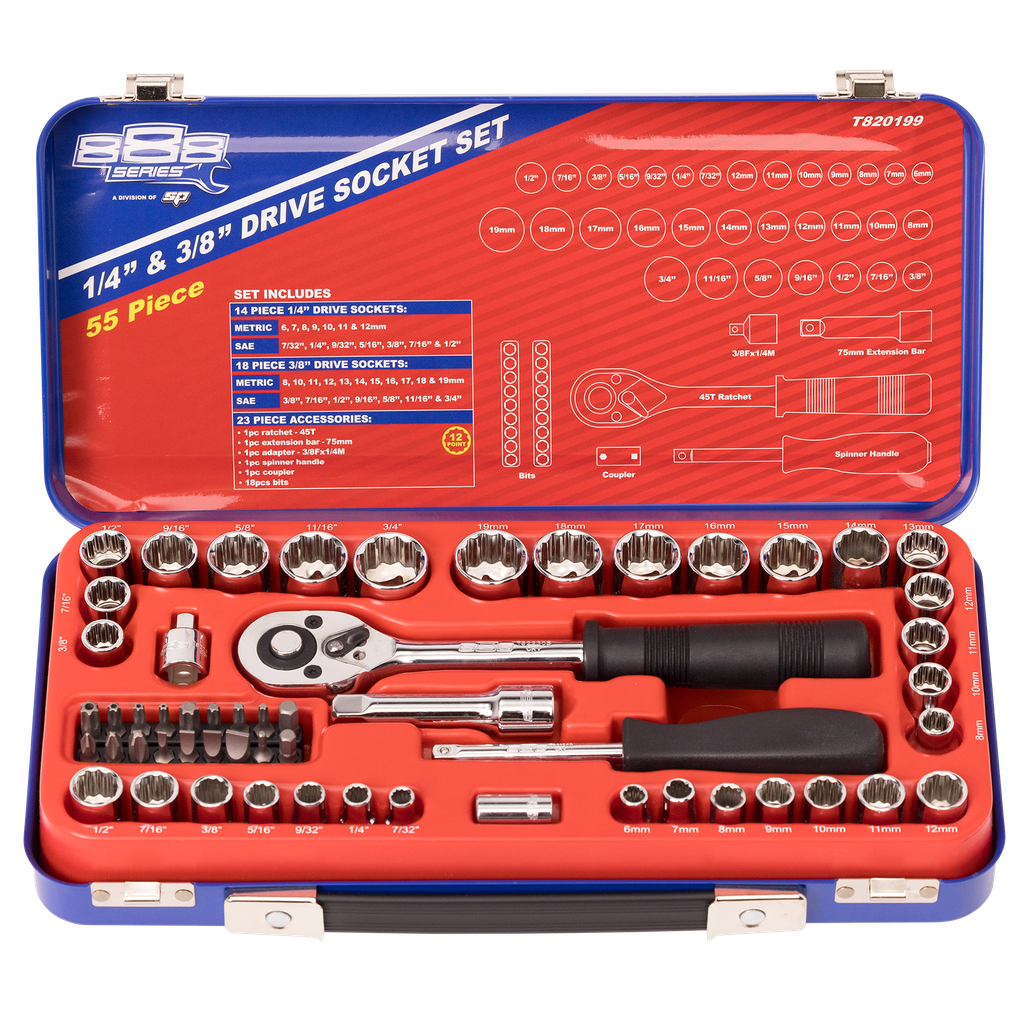 SOCKET SET - 888 1/4" & 3/8" DR 12PT METRIC/SAE 55PC