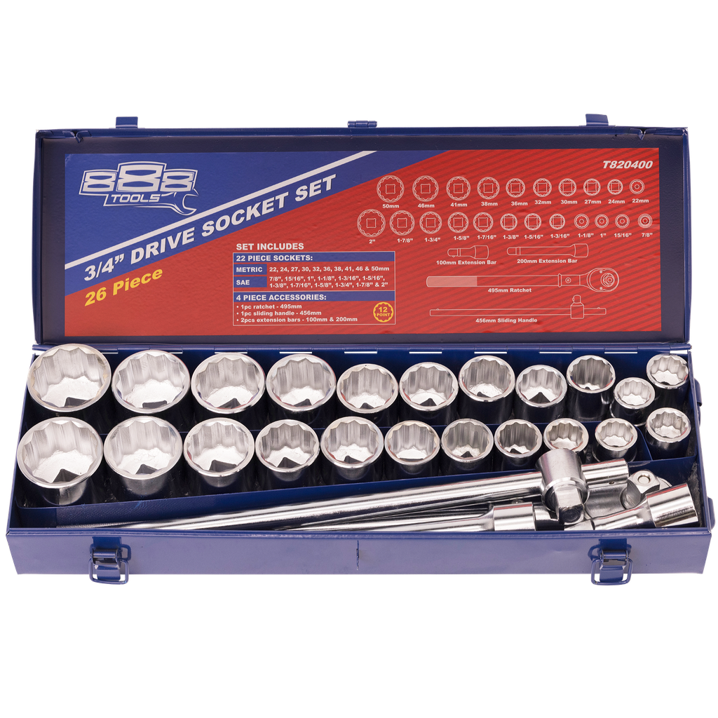 [T820400] SOCKET SET - 888 3/4"DR 12PT 26PC METAL BOX