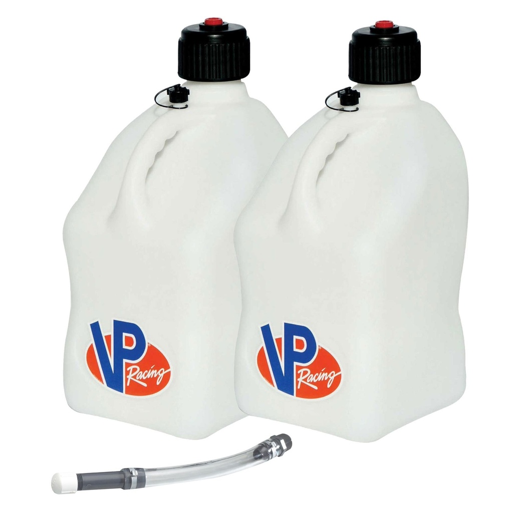 [764311-2005482] VP Racing 2 x 20 Litre Fuel Churns With FREE Deluxe Filler Hose (White)
