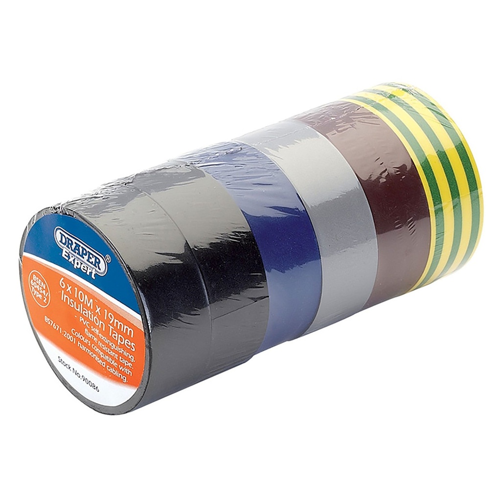 [DRA90086] Draper Expert 6 X 10M X 19MM Mixed Colours Insulation Tape to Bsen60454/Type2 - 619/6