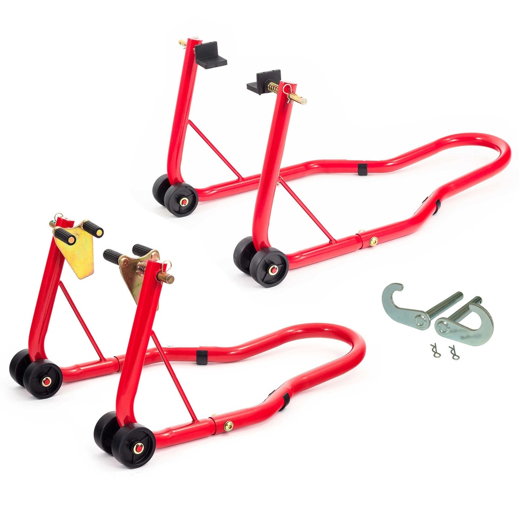 [UBRFRONTREARBOBSTANDKIT-E/AKN] Warrior Motorcycle Front and Rear Paddock Stand with Bobbin Hooks Bundle