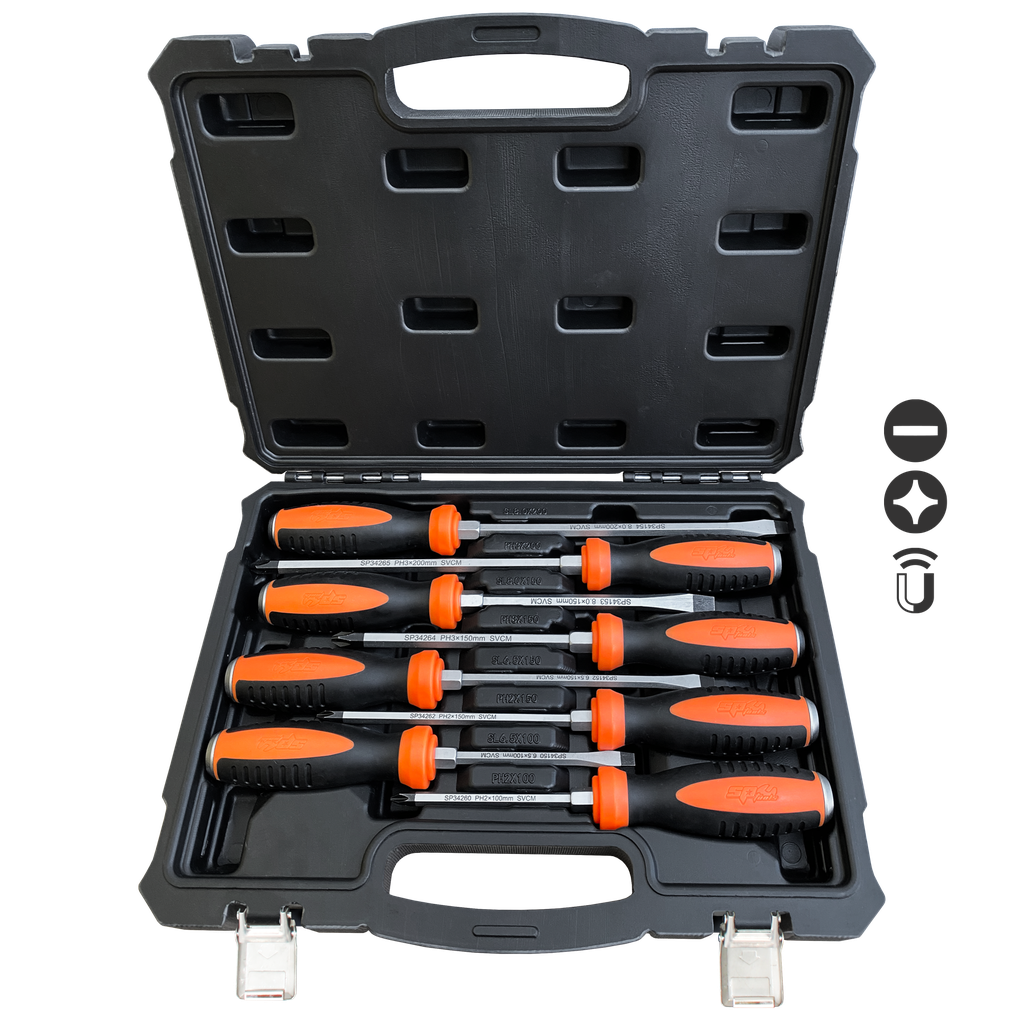 [SP34020] SCREWDRIVER SET - SLOTTED/PHILLIPS GO-THRU HEX BOLSTER - 8PC SET