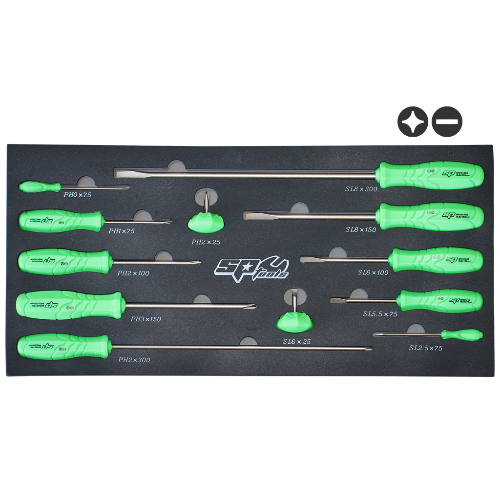 [SP34003G] SCREWDRIVER SET - SLOTTED/PHILLIPS GREEN GRIPS - 12PC SET