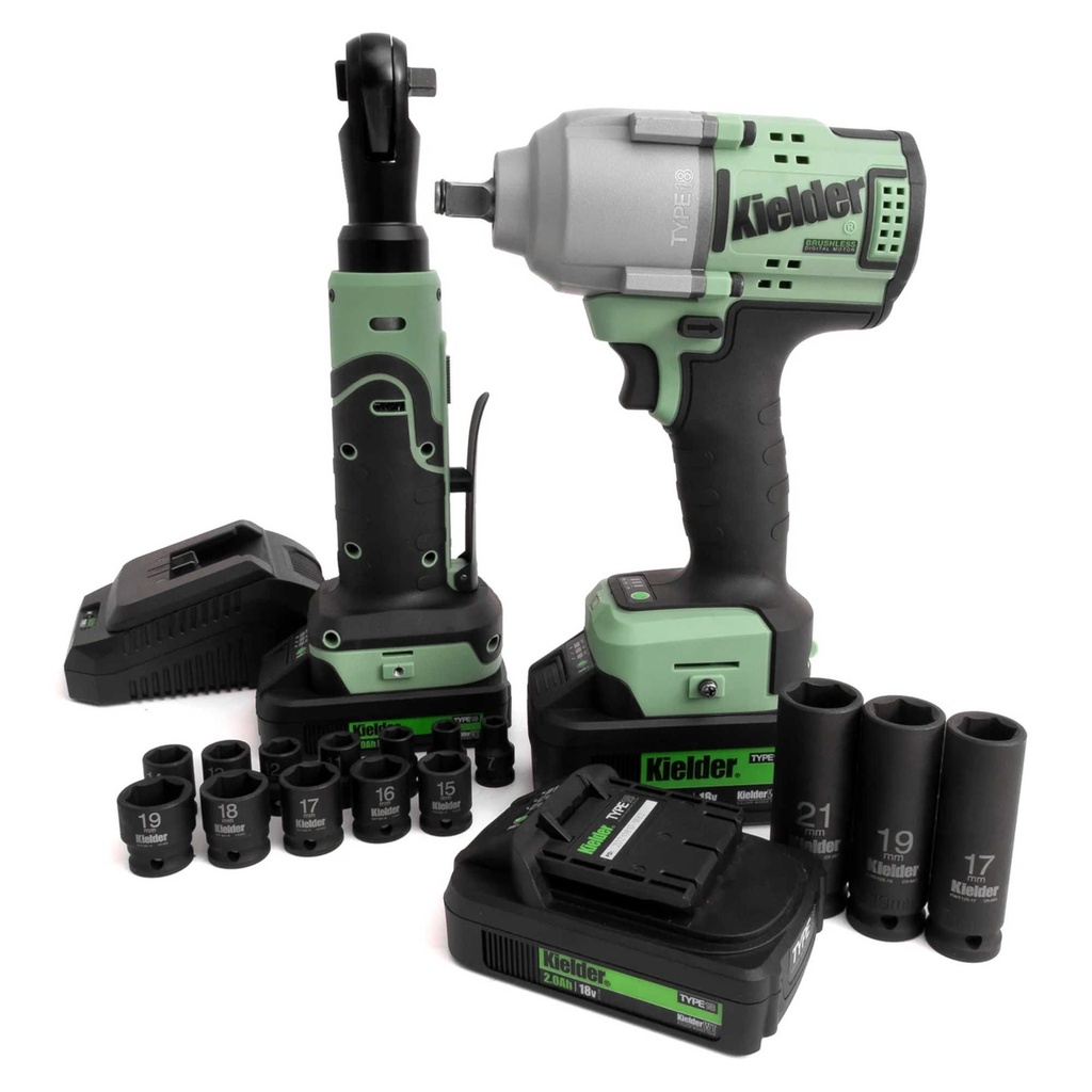 [KIEKWT-BBB-04] Kielder TYPE18 Mid-Torque Impact Wrench, Compact Ratchet & Batteries